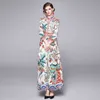 Otoño floral impreso moda largo maxi vestido de mujer cintura alta manga tres cuartos cuello vuelto fiesta vestidos vintage 210513