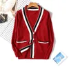 Pull veste femmes automne style col en V à manches longues coréen collège tricot rayé contraste cardigan 210520