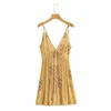 Décontracté femme jaune Spaghetti sangle col en V coton robe été mode dames dos nu Mini es femme doux 210515