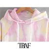 Damesmode Tie Dye Print Losse Hoodies Vintage Lange Mouw Zakken Streetwear Vrouwelijke Pullovers Chic Tops 210507