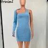 Wholesale Party Dresses High Waist Long Sleeve One Shoulder Sexy for Women Summer Backless Evening Club Mini Blue 210513