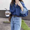 Wiosna Jesień Korea Moda Kobiety Z Długim Rękawem Luźne Bawełniane Koszule Dżinsowe Koszule Pojedyncze Kieszeń Vintage Niebieskie Casual Bluzki M677 210512