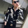 男性用シャツ長袖カジュアルスリムフィットシャツ中国風印刷ソーシャルパーティーブラウスストリートウェア男性服210527