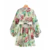 Mulheres verão vestido show de cintura manga longa floral impressão o-pescoço mini es elegante roupa elegante vestidos 210513