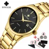 Relojes Hombre Wwoor Gold Watch Men Luxury Mens Quartz Armbandsur Business Watch Rostfritt Stål Vattentät Auto Datum Klocka 210527