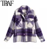 TRAF Women Vintage Stylish Oversized Plaid Jacket Coat Fashion Lapel Collar Long Sleeve Pockets Loose Outerwear Chic Tops 211025