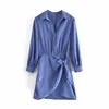 Za satin effekt knuten blå klänning kvinnor elegant långärmad kontor mini sommar klänningar kvinna chic elastisk midja vestido 210602
