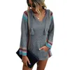 Nieuwe Vrouwen Kleurenblok Hoodie Sweater 2020 Herfst V-hals Mexicaanse Baja Streep Casual Pullover Patchwork Losse Knit Poncho Sweaters X0721
