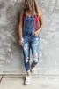 Damen Retro-Denim-Latzhose, Jeans-Overalls und Strampler, Damen-Overall mit zerrissenen Löchern, lässig, Stretch, langer Playsuit, Taschen, Overall für Damen