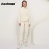 Aachoae solide 100% coton costumes femmes ensemble polaire pull sweat à capuche sweat-shirts pantalons décontractés survêtement grande taille 211007