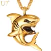 U7 Big Shark Anhänger Halskette Männer Edelstahl Schmuck Rock Punk Gold/Schwarz Ozean Meer Tier Halsketten Vater Geschenke p1116 X0707