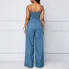 Kvinnor Denim Jumpsuits och Rompers Sexiga Spaghetti Straps Jeans Wide Leg Playsuits Ladies Casual Bandage V-Neck Jumpsuit för Kvinnor