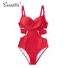 Seasofie Push Up Seksi Mayo Kırmızı Dantel Mayo Kadınlar Monokini Bodysuit Mayo Beachwear 210712