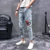 Jean déchiré en Denim pour hommes, pantalon coréen Slim imprimé serpent, pieds décontractés, Harlan, printemps automne 2021