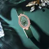 Montres-bracelets femmes ovale vert mode montres de luxe strass dames en cuir Quartz pour cadeau horloge Relogio Feminino