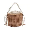 Borse di paglia intrecciate rotonde per le donne Catena di perle estive Borsa da spiaggia in rattan fatta a mano Borsa da viaggio a tracolla femminile Boemia 211026