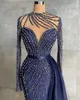 Luxury Beaded Navy Blue Mermaid Prom Klänningar Med Avtagbar Tåg Långärmad Hög Neck Kväll Klänning Real Image Plus Storlek Formell Kappor Party Wear