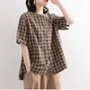 Summer Arts Style Women Short Sleeve Loose Blouse cotton linen vintage Plaid Shirts Plus Size O-neck Casual Tops M147 210512