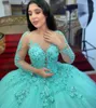 Mint Green Ball Gown Quinceanera Dresses 2022 Long Sleeve Lace Sequined Prom Gowns Lace-up Corset Sweet 15 Party Dress