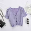 Heliar T-shirt Kobiety Purple V-Neck Button Up Summer Tees Krótki Rękaw Dzniwit Casual Street Outwear Koszulki do Topów 210623