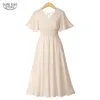 Vestidos Plusサイズ半袖女性シフォン夏ホワイトブラックピンクApricotバックレスVネックミディドレス5080 50 210417