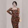 Spring Square Neck Mesh Print Mid-Length Dress Robe Women's Long Sleeve Vintage Elegant Vestido 210520