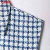 Women Elegant Blue Tweed Sleeveless Jacket Turn Down Collar Ladies Coat 6H24 210416