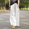 Spring Summer Arts Style Women Elastic Waist Cotton Linen Wide Leg Pants Casual Folk White Straight Trousers Femme S672 210512