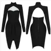Бесплатные шикарные женские черные нерегулярные повязки платье высокой шеи с длинным рукавом Bodycon Club Party Hollow сексуальные платья 210524
