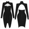 Free Chic Women's Black Irregular Bandage Dress Cuello alto Manga larga Bodycon Club Party Hollow Vestidos sexy 210524