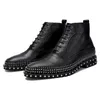 Winter Pointed toe Black Men boots Handmade Fashion Genuine leather Rivet Ankle Boots