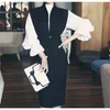 Женщины 2 частей набор платье осень белые оборками стойки воротник блузка топ + серый зарезанный без рукавов карандаш юбка 210519