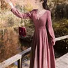 Maxi Women Dress Vネックフルスリーブ足首長さ紫色のピンクの編み物レース女性vestidos Spring Vintage Long 210603