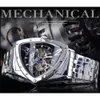 Duncougar Triangle Skeleton Dial Automatic Horloge Zwart Zilver Rvs Waterdichte Mechanische Horloge Top Merk Mannen Klok