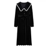 Black Solid Vintage Velvet Long Women Dress Spring Peter Pan Collar Elegant Mid-calf Lace Female Vestidos Full Sleeve 210603