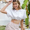 Cotton O-neck sleeve Fashion Loose versatile crop tops Casual white short drawstring summer women T-shirt 210414