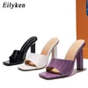 Eilyken Fashion Purple Snake Print Patent Leather Slides Women High Heels Mules Ladies Prom Slippers Square Toe Sandals Shoes Y1120