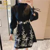 arrival Runway Brand Suit Set Women Elegant Bowknot Collar See Through Chiffon Blouse Shirt + Beading Embroidery Skirt 210506