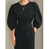 Moda sexy vestido sólido mujeres delgado o-cuello puff midi elegante señoras oficina vestidos ol estilo vaina es 12089 210506