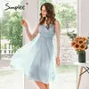 Elegant lace summer solid party women Sexy v neck holiday blue dress female Fashion short dresses office ladies 210414