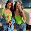 Neon Verde Macio Macio Malha Bonito Bodycon Crop Top Mulheres Blusa de Verão Camisa Casual Puff Sleeve Bow Tees Mujer 210415