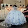 Himmelblaues Ballkleid-Quinceanera-Kleid mit Langarm-Umhang 2022, schulterfrei, 3D-Blumenperlen, Schnürung, Prinzessin, süßer 16-Abschlussball