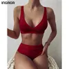 Ingaga sexy bikinis hoge taille badmode vrouwen badpakken push-up biquini geribbelde badpakken zwarte v-hals bikini set 210702