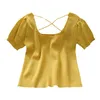 Summer Retro Wild Pure Color Slim Knit Pull T-shirt Tops Cross Open Dos Coréen Mince Puff Sleeve Top Tricoté Femmes 210420