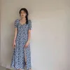 Chic Casual Rękaw Puff Kobiety Maxi Suknie Plus Rozmiar V Neck Split Kwiatowy Sukienka Lato Linia Linia Robe Blue Vestidos 210521