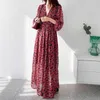 Printemps été robe longue femmes col en V profond rouge manches florales robe d'été tunique plage fête maxi femme 210421