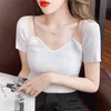 estate coreano chic maglione di seta del ghiaccio donne sottile a maniche corte T-shirt sottile sexy collo quadrato top corto abbigliamento donna 210520