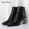 Sophitina Kvinnor Skor Höst Vinter Premium Läder Handgjorda Ankel Stövlar Square Toe Zipper Casual High Heel Women's Boots SO679 210513