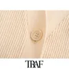 TRAF Women Fashion With Pockets Loose Ribbed Knitted Vest Sweater Vintage V Neck Button-up Female Waistcoat Chic Tops 210415
