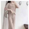 Mode zomer vrouwen LCE Silk gebreide korte mouw trui + elastische hoge taille losse broek sets 210520